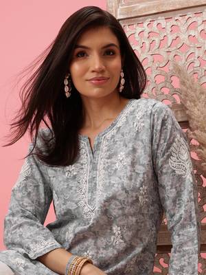 Handmade Grey Cotton Lucknowi Chikankari Indian Women Short Kurti 6