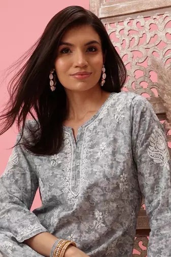 Handmade Grey Cotton Lucknowi Chikankari Indian Women Short Kurti