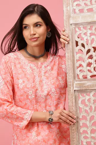 Hand Crafted Peach Cotton Lucknowi Chikankari Indian Women Short Kurti