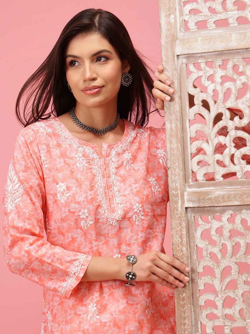 Hand Crafted Peach Cotton Lucknowi Chikankari Indian Women Short Kurti
