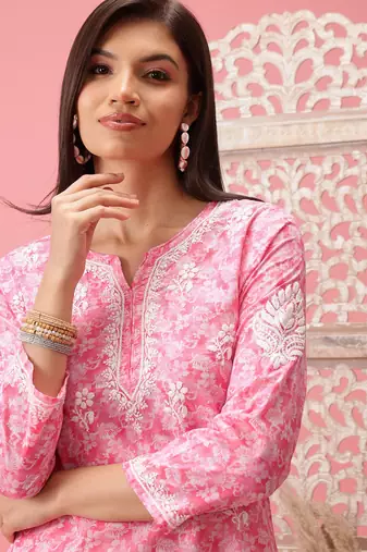 Handmade Pink Cotton Lucknowi Chikankari Straight Indian Women Short Kurti