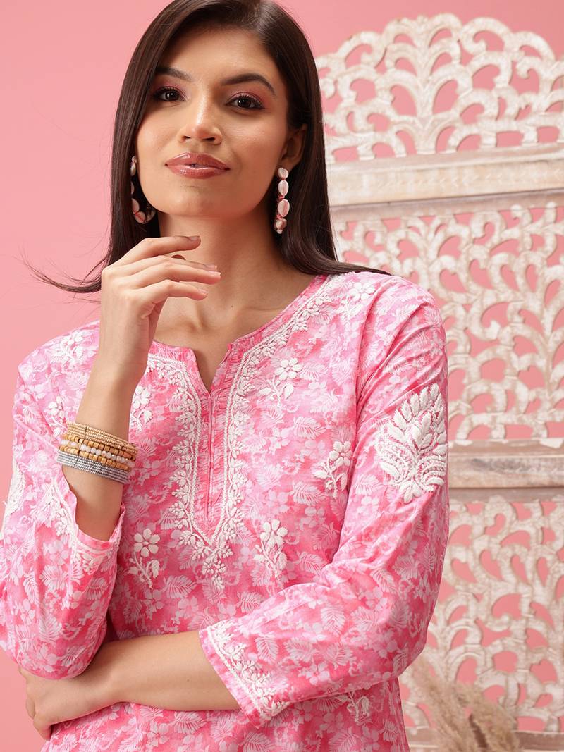 Handmade Pink Cotton Lucknowi Chikankari Straight Indian Women Short Kurti