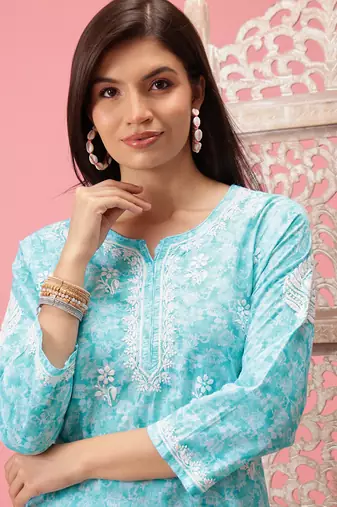 Hand Crafted Blue Cotton Lucknowi Chikankari Indian Women Short Kurti