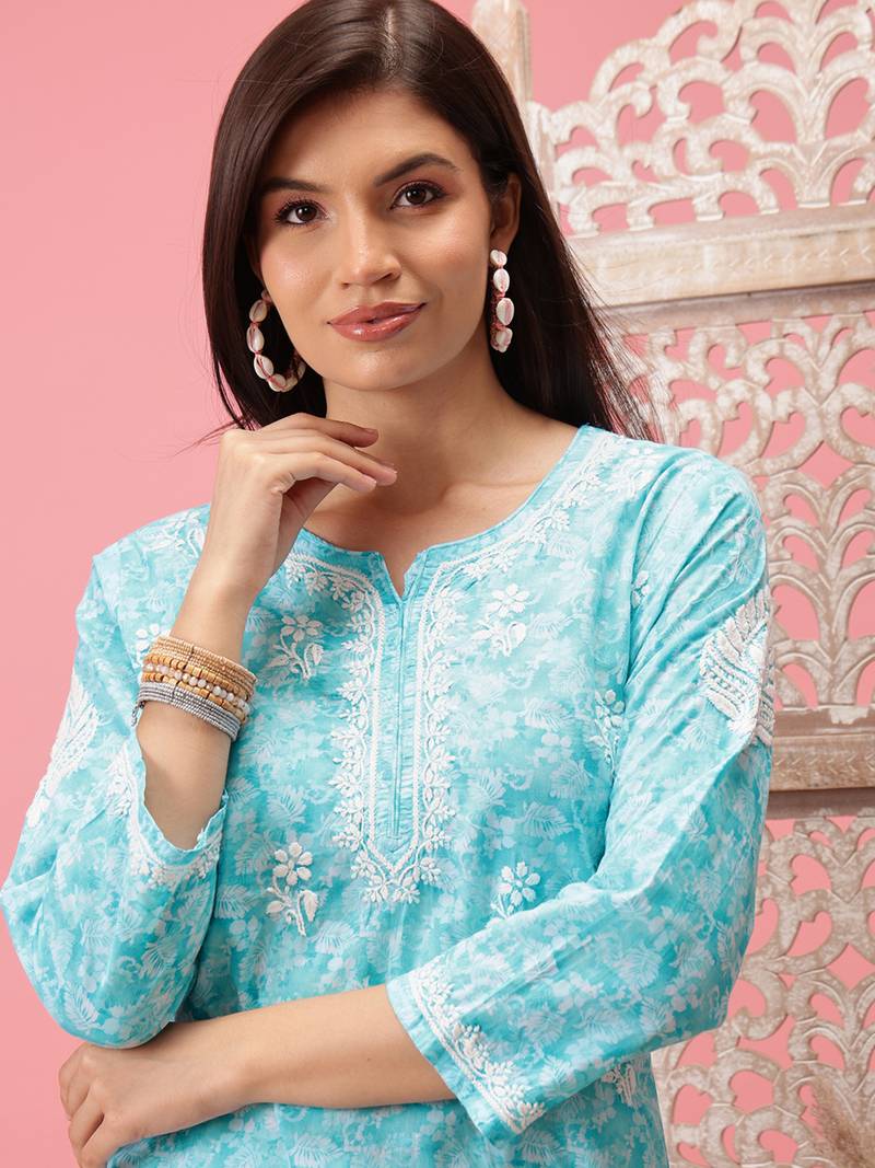 Hand Crafted Blue Cotton Lucknowi Chikankari Indian Women Short Kurti