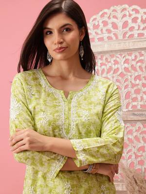 Handmade Green Cotton Lucknowi Chikankari Indian Women Short Kurti 6
