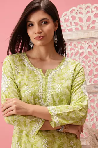 Handmade Green Cotton Lucknowi Chikankari Indian Women Short Kurti