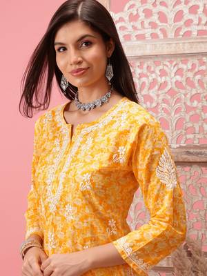 Hand Crafted Yellow Cotton Lucknowi Chikankari Straight Indian Women Short Kurti 6