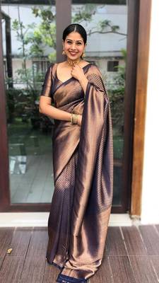 Blue Woven Faux Faux Kanjivaram Silk Saree With Blouse Piece 1