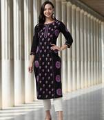 Hand Crafted Black & Purple Cotton Lucknowi Chikankari Indian Women Straight Kurta