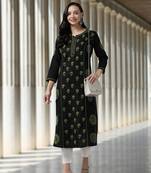 Handmade Black & Green Cotton Lucknowi Chikankari Indian Women Straight Kurta