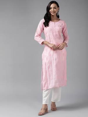 Hand Embroidered Baby Pink Chanderi Lucknowi Chikankari Indian Women Straight Kurta 1
