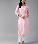 Hand Embroidered Baby Pink Chanderi Lucknowi Chikankari Indian Women Straight Kurta