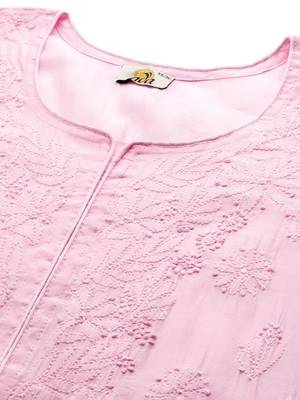 Hand Embroidered Baby Pink Chanderi Lucknowi Chikankari Indian Women Straight Kurta 2