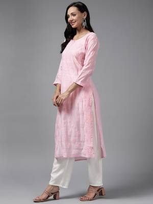 Hand Embroidered Baby Pink Chanderi Lucknowi Chikankari Indian Women Straight Kurta 3