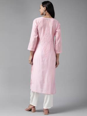 Hand Embroidered Baby Pink Chanderi Lucknowi Chikankari Indian Women Straight Kurta 4