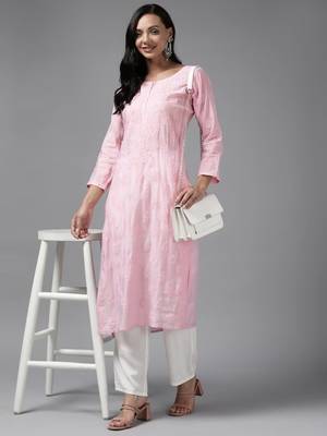 Hand Embroidered Baby Pink Chanderi Lucknowi Chikankari Indian Women Straight Kurta 5