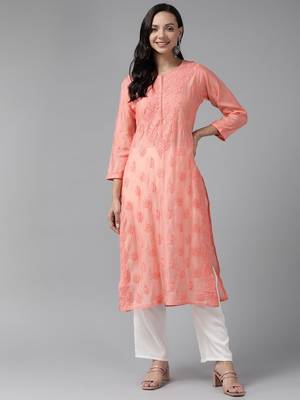 Hand Embroidered Peach Chanderi Lucknowi Chikankari Indian Women Straight Kurta 1