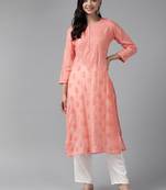 Hand Embroidered Peach Chanderi Lucknowi Chikankari Indian Women Straight Kurta