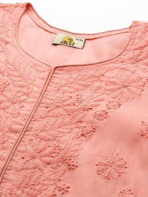 Hand Embroidered Peach Chanderi Lucknowi Chikankari Indian Women Straight Kurta 2