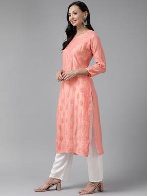 Hand Embroidered Peach Chanderi Lucknowi Chikankari Indian Women Straight Kurta 3
