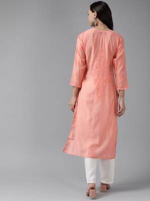 Hand Embroidered Peach Chanderi Lucknowi Chikankari Indian Women Straight Kurta 4