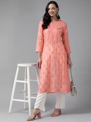 Hand Embroidered Peach Chanderi Lucknowi Chikankari Indian Women Straight Kurta 5