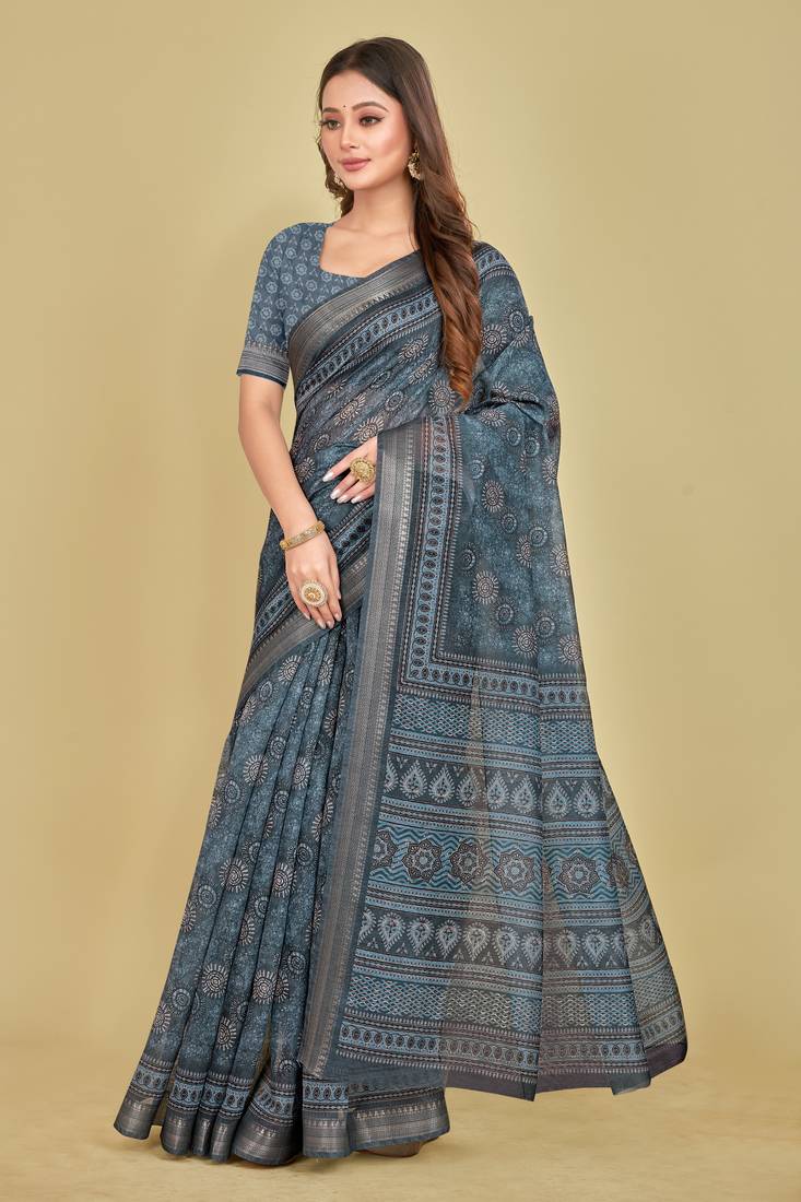 Blue Floral Digital Print Mulberry Silk Blend Saree