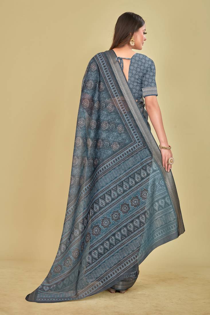 Blue Floral Digital Print Mulberry Silk Blend Saree
