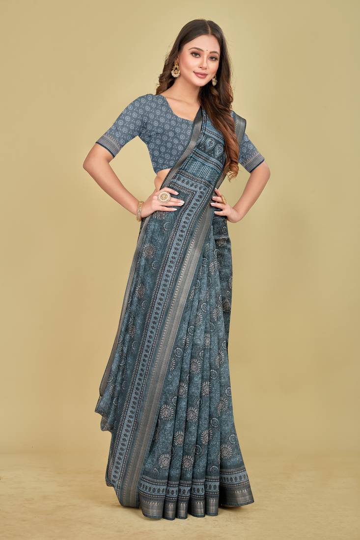 Blue Floral Digital Print Mulberry Silk Blend Saree