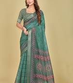 Sea Green Floral Digital Print Mulberry Silk Blend Saree