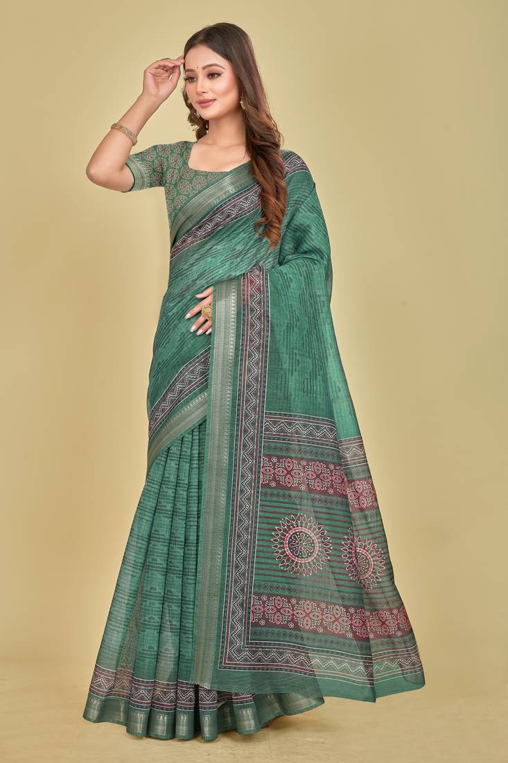 Sea Green Floral Digital Print Mulberry Silk Blend Saree