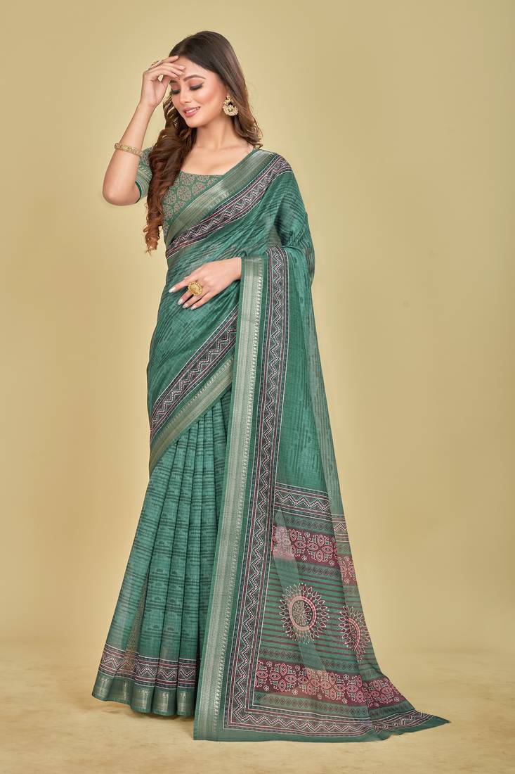 Sea Green Floral Digital Print Mulberry Silk Blend Saree