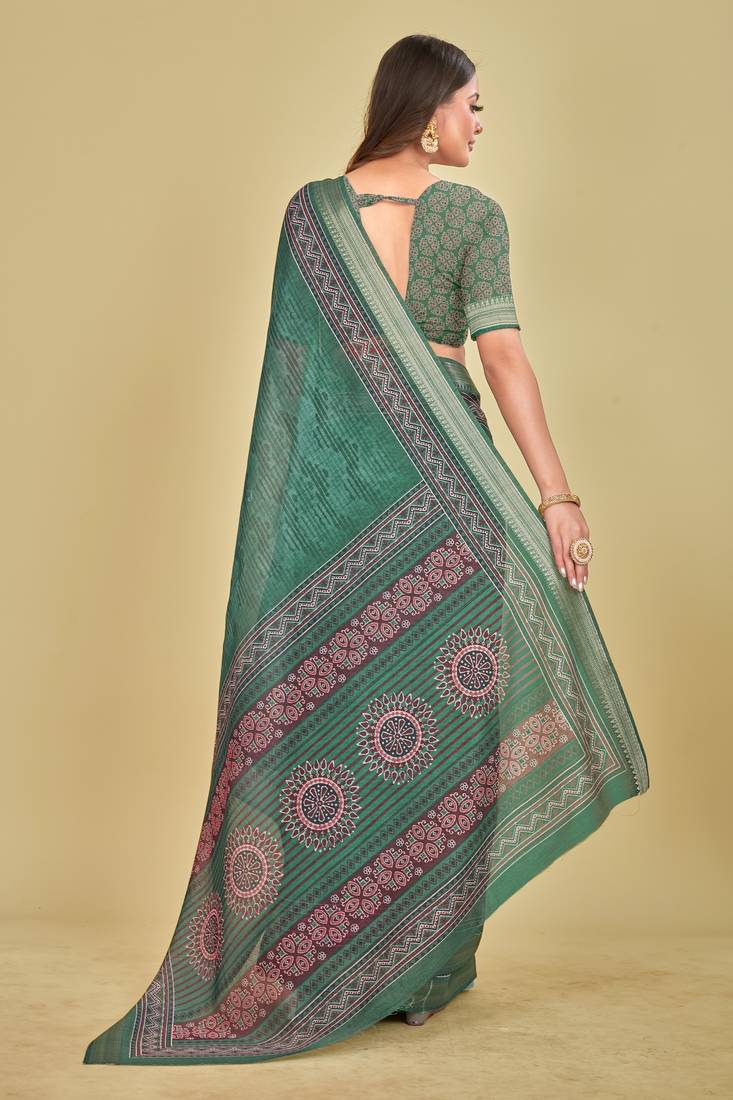 Sea Green Floral Digital Print Mulberry Silk Blend Saree