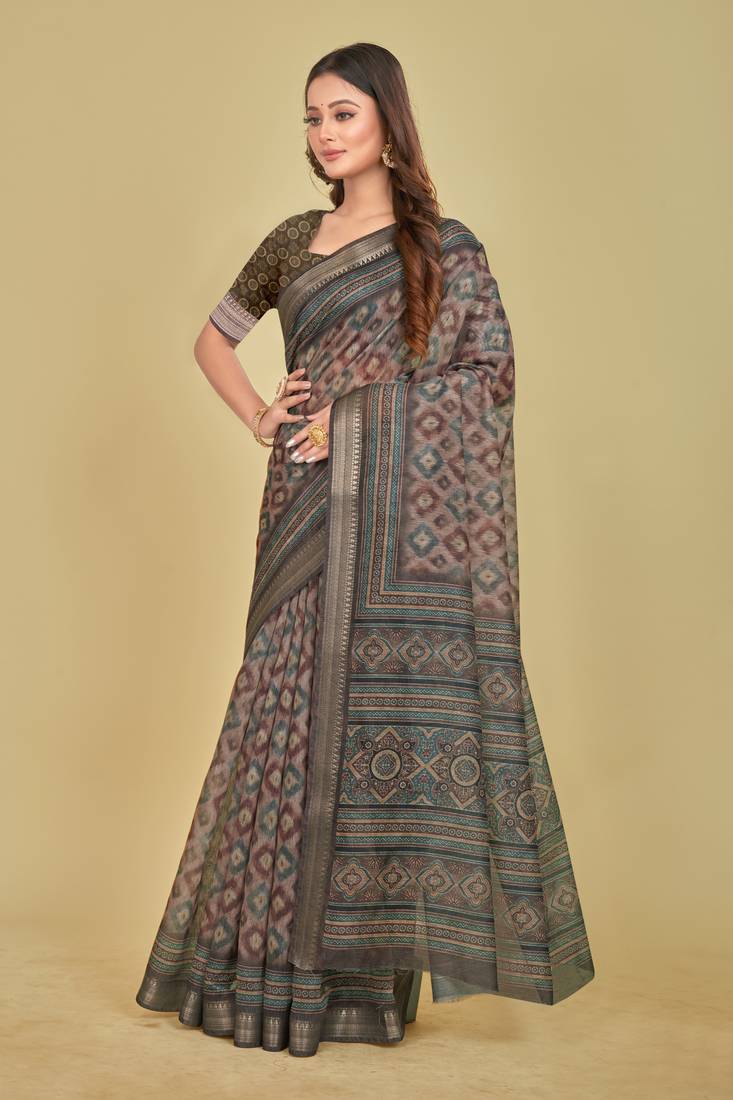 Dark Olive Shibori Digital Print Mulberry Silk Blend Saree