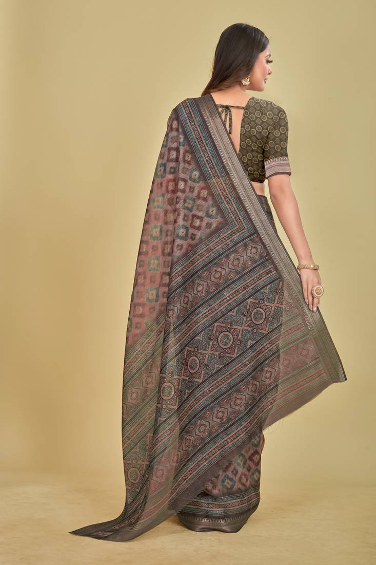Dark Olive Shibori Digital Print Mulberry Silk Blend Saree