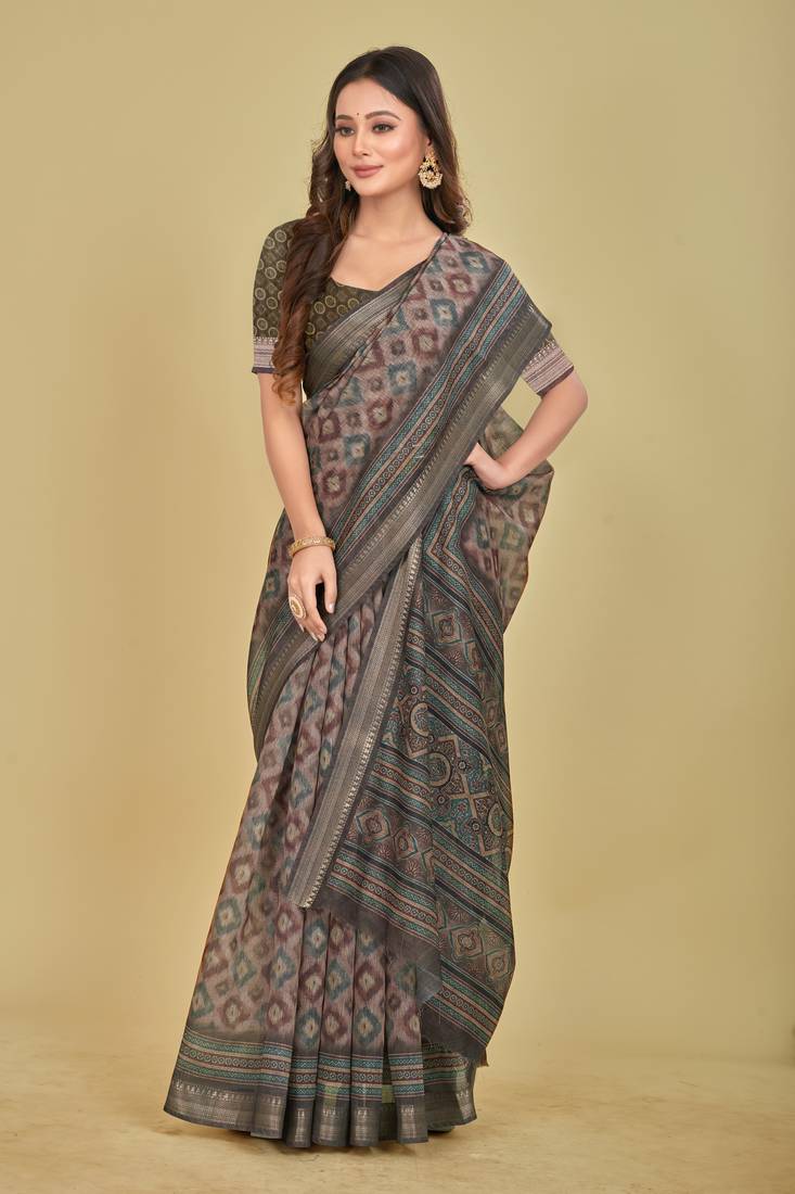 Dark Olive Shibori Digital Print Mulberry Silk Blend Saree