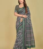 Dark Green Stripes Digital Print Mulberry Silk Blend Saree