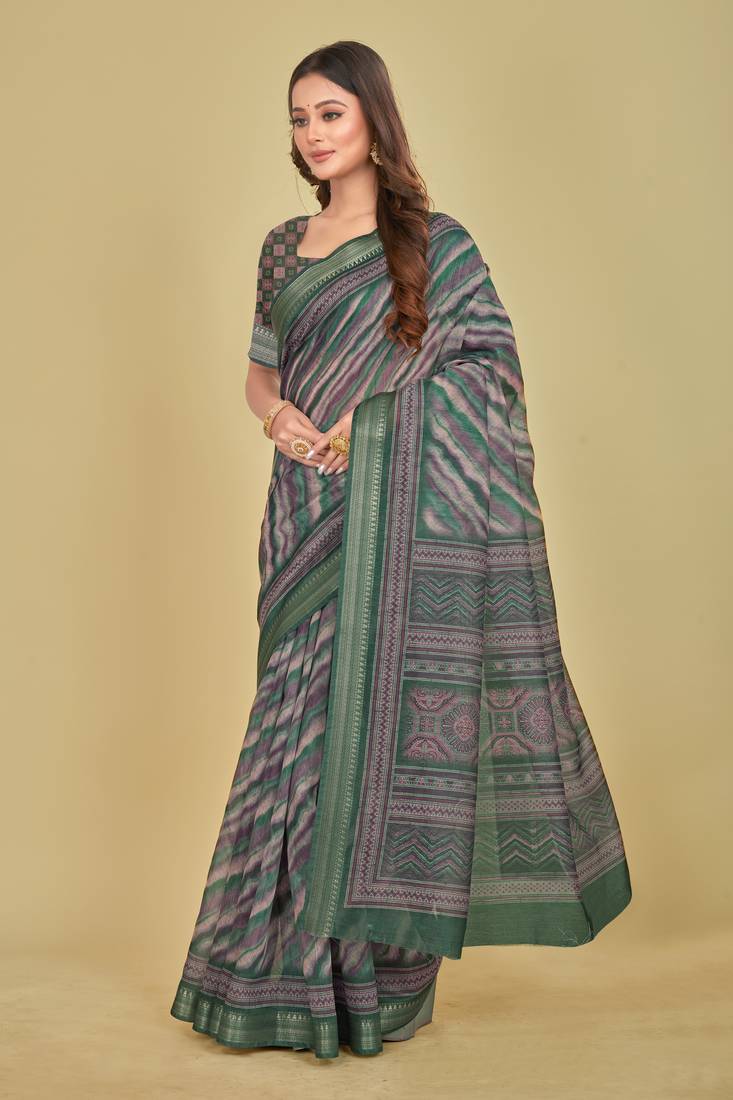 Dark Green Stripes Digital Print Mulberry Silk Blend Saree