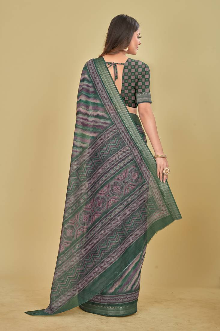 Dark Green Stripes Digital Print Mulberry Silk Blend Saree
