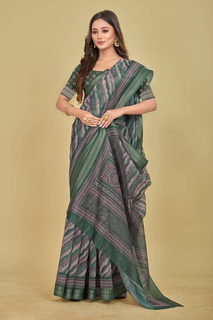 Dark Green Stripes Digital Print Mulberry Silk Blend Saree