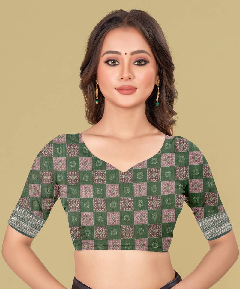 Dark Green Stripes Digital Print Mulberry Silk Blend Saree