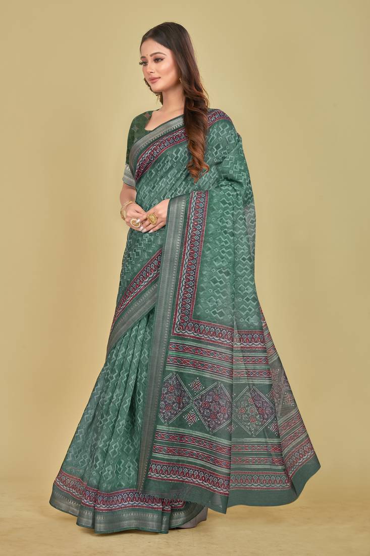 Dark Olive Shibori Digital Print Mulberry Silk Blend Saree