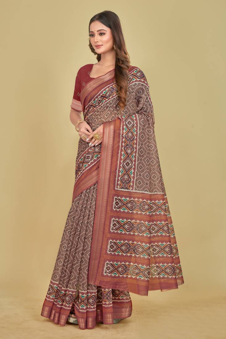 Brown Patola Digital Print Mulberry Silk Blend Saree