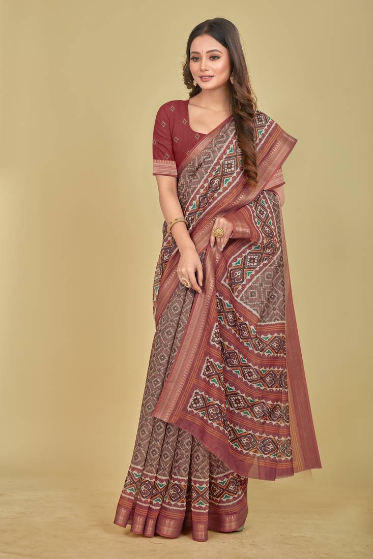 Brown Patola Digital Print Mulberry Silk Blend Saree