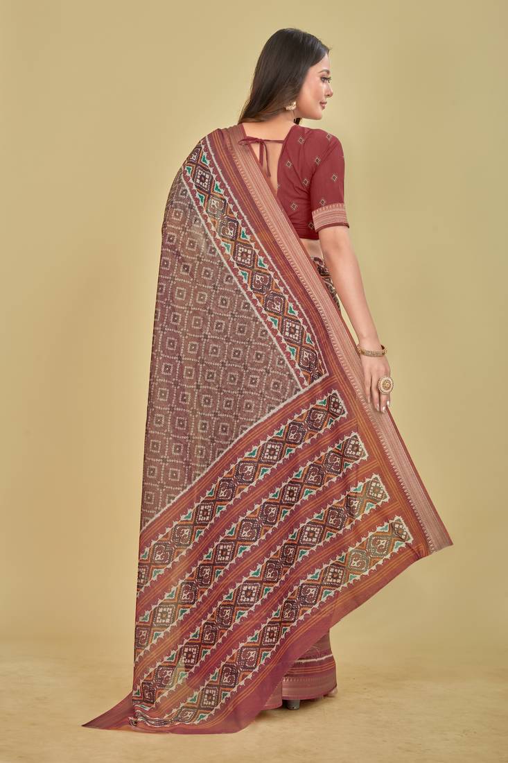 Brown Patola Digital Print Mulberry Silk Blend Saree
