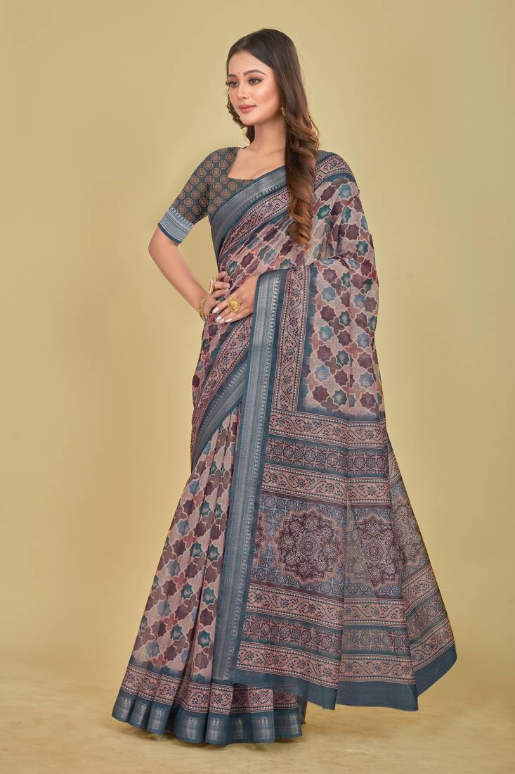 Dark Blue Abstract Digital Print Mulberry Silk Blend Saree