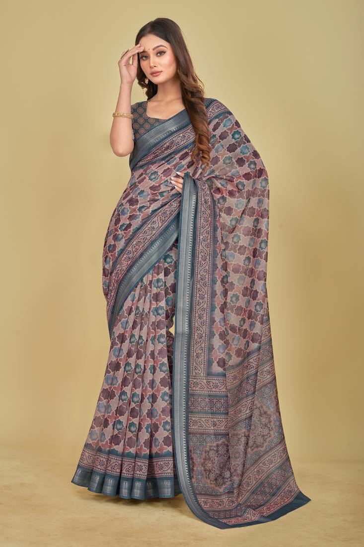 Dark Blue Abstract Digital Print Mulberry Silk Blend Saree