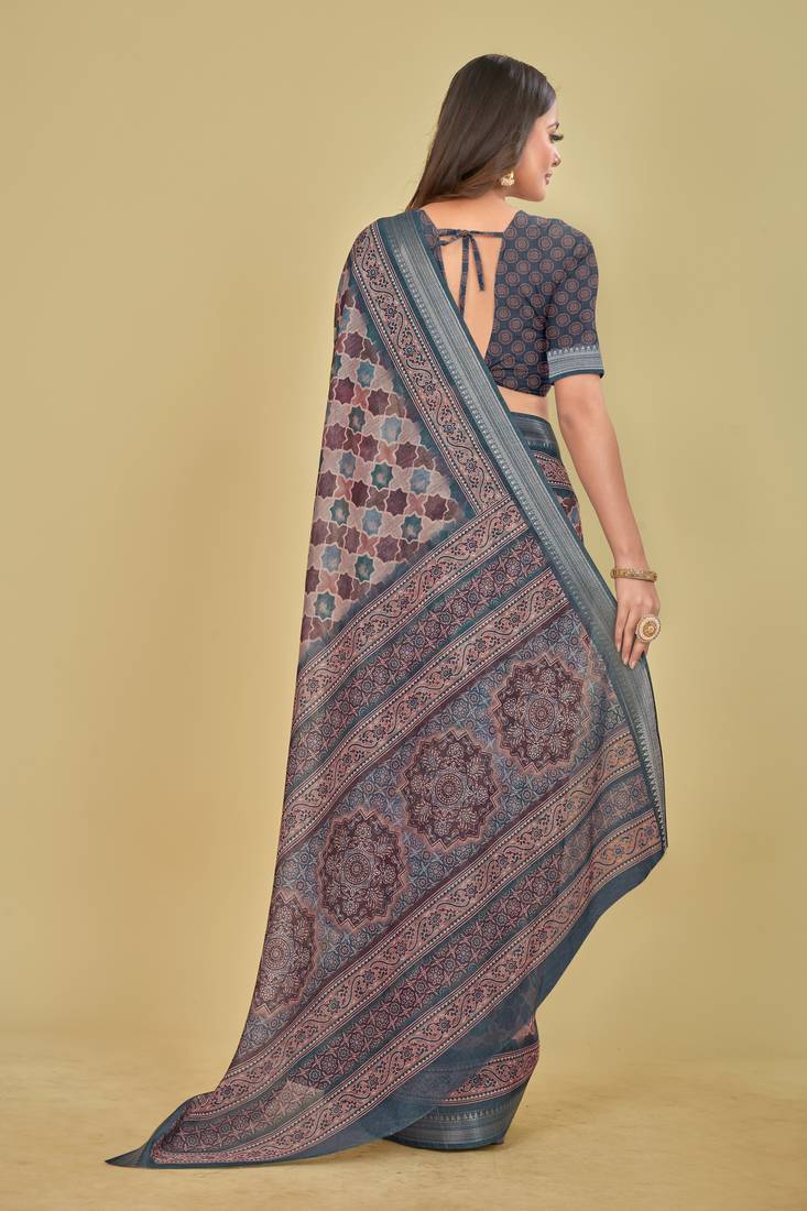 Dark Blue Abstract Digital Print Mulberry Silk Blend Saree