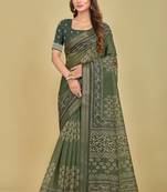 Dark Olive Traditional Digital Print Mulberry Silk Blend Saree