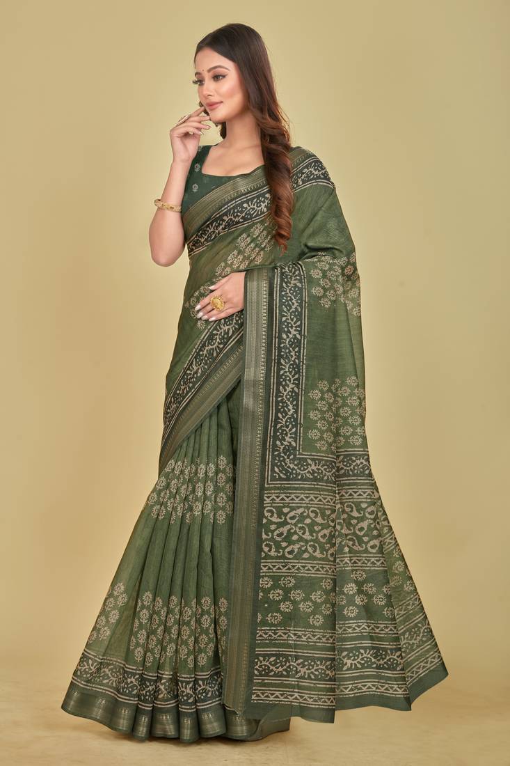 Dark Olive Traditional Digital Print Mulberry Silk Blend Saree